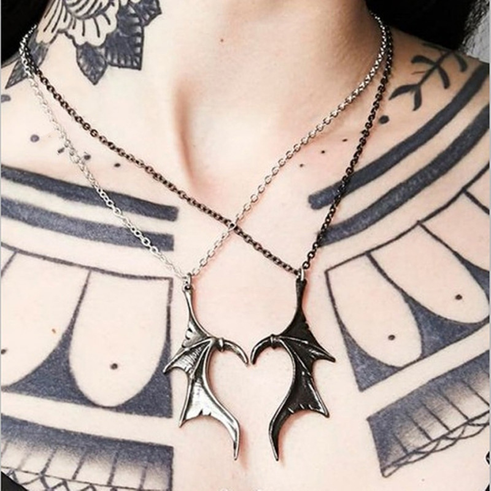 Jiaroswwei Couple Necklace Personality Gothic Punk Style Devil Wing Love Heart Shape Pendant Necklace Jewelry